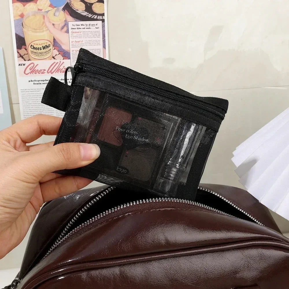 12/1PCS Black Mesh Cosmetic Bag Large Capacity Transparent Makeup Bag Portable Travel Toiletry Organizer Lipstick Storage Pouch Quake
