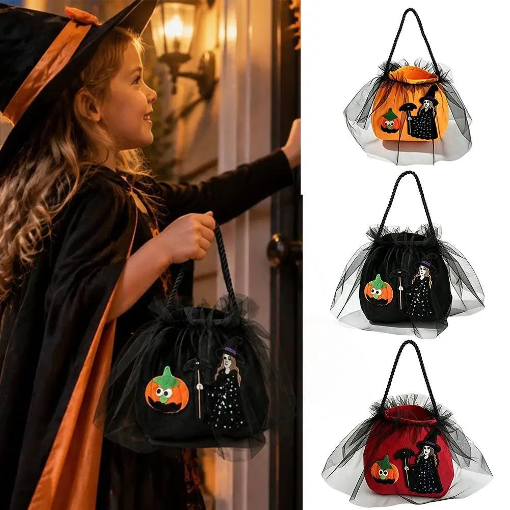 Halloween Princess Candy Bag Witch Pumpkin Embroidered Mesh Tote Drawstring Treat Holder Party Costume Accessory Quake
