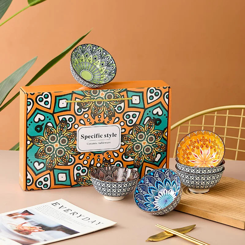 6-Piece Bohemian Mandala Ceramic Bowls - Dishwasher & Microwave Safe, Perfect for Cereal, Soup, Pasta, Salad, Ice Cream Bowls Quake