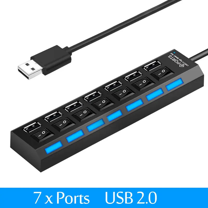 USB 2.0 Hub Multi USB Splitter Hub Use Power Adapter 4/7 Port Multiple Expander USB Hub with Switch 30CM Cable Quake 7 Port Black