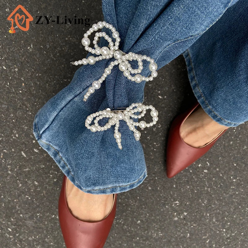 1PCS Imitation Pearl Bow Pin Button Clasps Fixed Clothes Pin Adjustable Detachable Jean Fit Tighten Buckle Unisex Quake