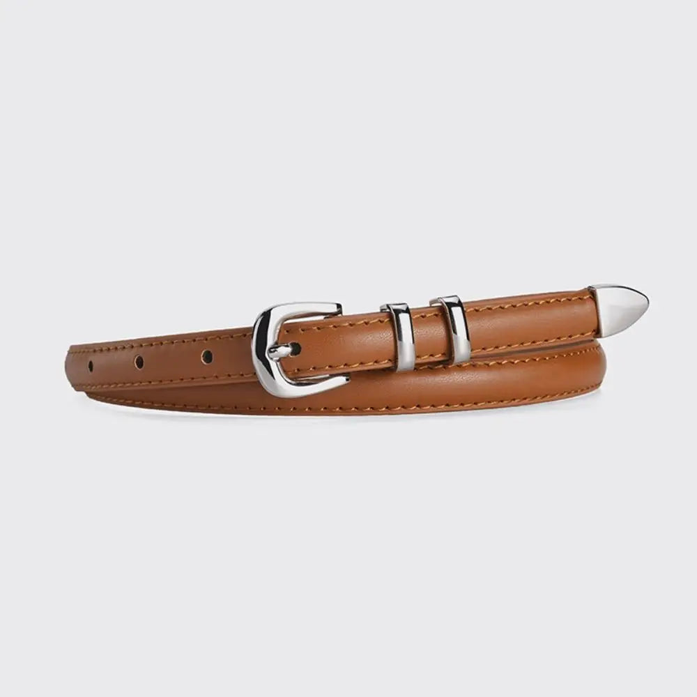 Trend Luxury Design PU Leather Belt Casual Retro Silver Pin Buckle Waistband Versatile Thin Belts Quake camel