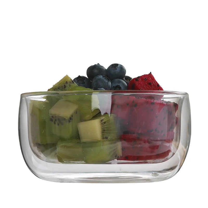YWDL 300/500ml Clear Double Layer Glass Bowl Heat-resistant Fruit Salad Bowl Kitchen Glassware For Soup Cereal Dessert Bowls Quake 500ml