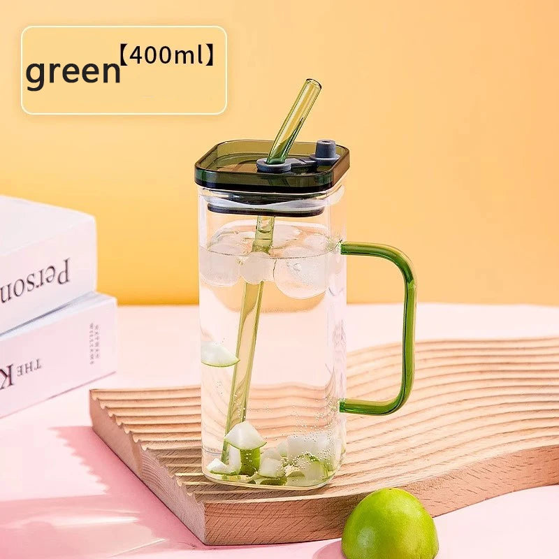 YWDL 350ml Glass Straw Cup With Lid And Straw Iced Coffee Handle Cup Drinking Mug For Juice Milk Tea Quake green 350ml