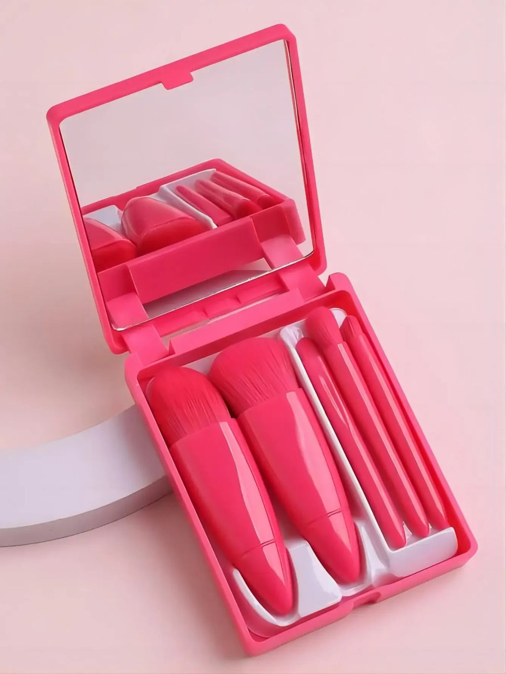 5pcs Mini Makeup Brushes Small Function Kit Complete Cosmetic Brushes With Case And Mirror Travel Size Makeup Brushes Set Quake M102 Rose Red