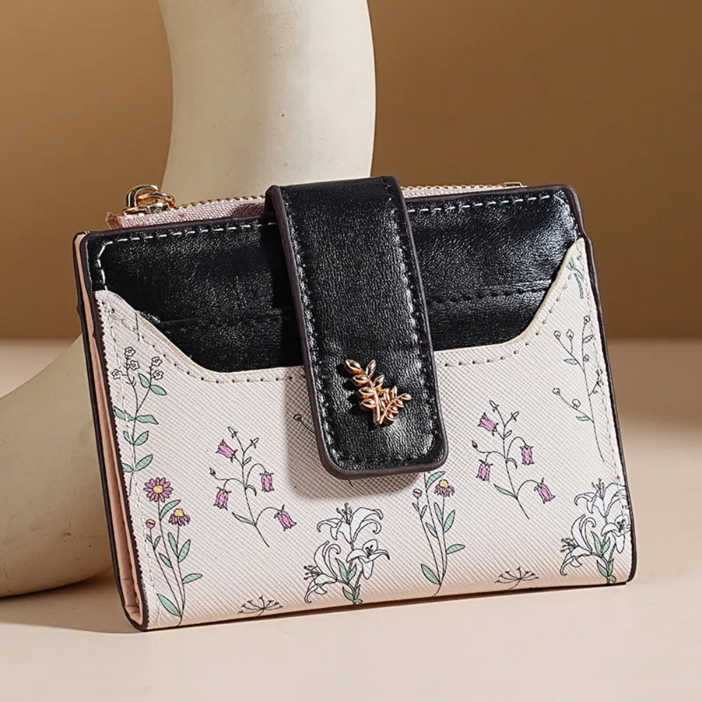 Fashion PU Leather Women Short Wallet Multi-Cards Small Flowers Slim Small Wallet Zipper Hasp Coin Purse Women Quake Black