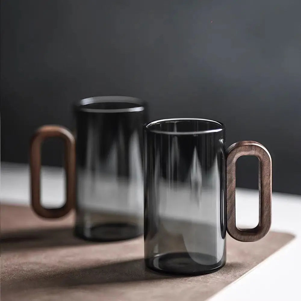 YWDL 360ml High Borosilicate Glass Tea Cup Heat-Resistant with Wooden Handle for Household Drinking Coffee Mug for Breakfast Quake