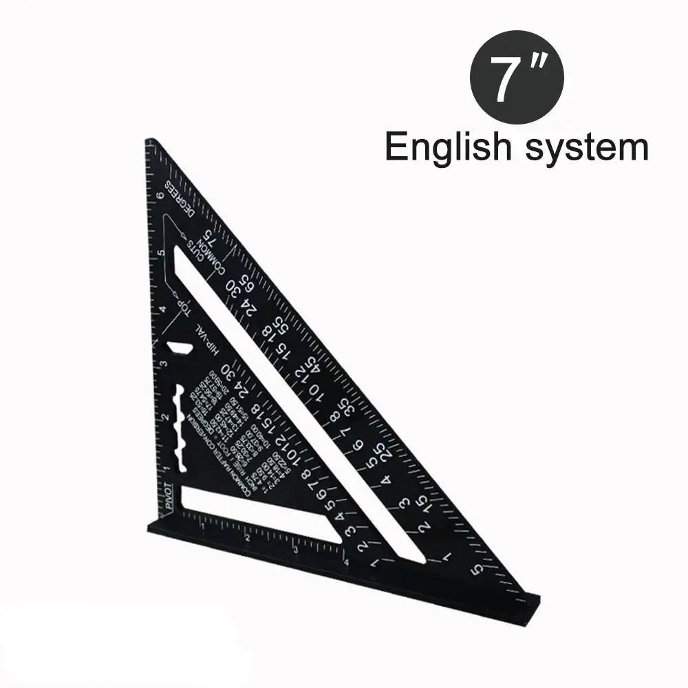 New 7Inch Triangle Ruler Measurement Tool Aluminium Alloy Carpenter Tools Inch Metric Angle Ruler Speed Square Woodworking Tools Quake black-english