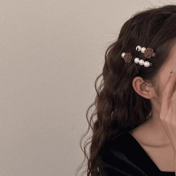 Velvet Rose Flower Hair Clip Sweet Pearl Floral Hairpin French Romantic Girl Bangs Barrettes Wedding Bride Headwear Accessories Quake