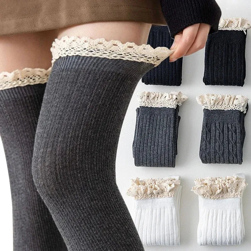 Japanese Sweet Lace Cording Socks Over Knee Thigh Retro Fried Dough Twists Lolita Wears Small Boots Socks Female Quake