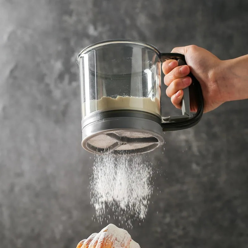 Semi‑Automatic Handheld Flour Sifter Cup Household Baking Powder Sieve Mesh Strainer for Cake Pastry Powder Sugar Dusting Tool Quake