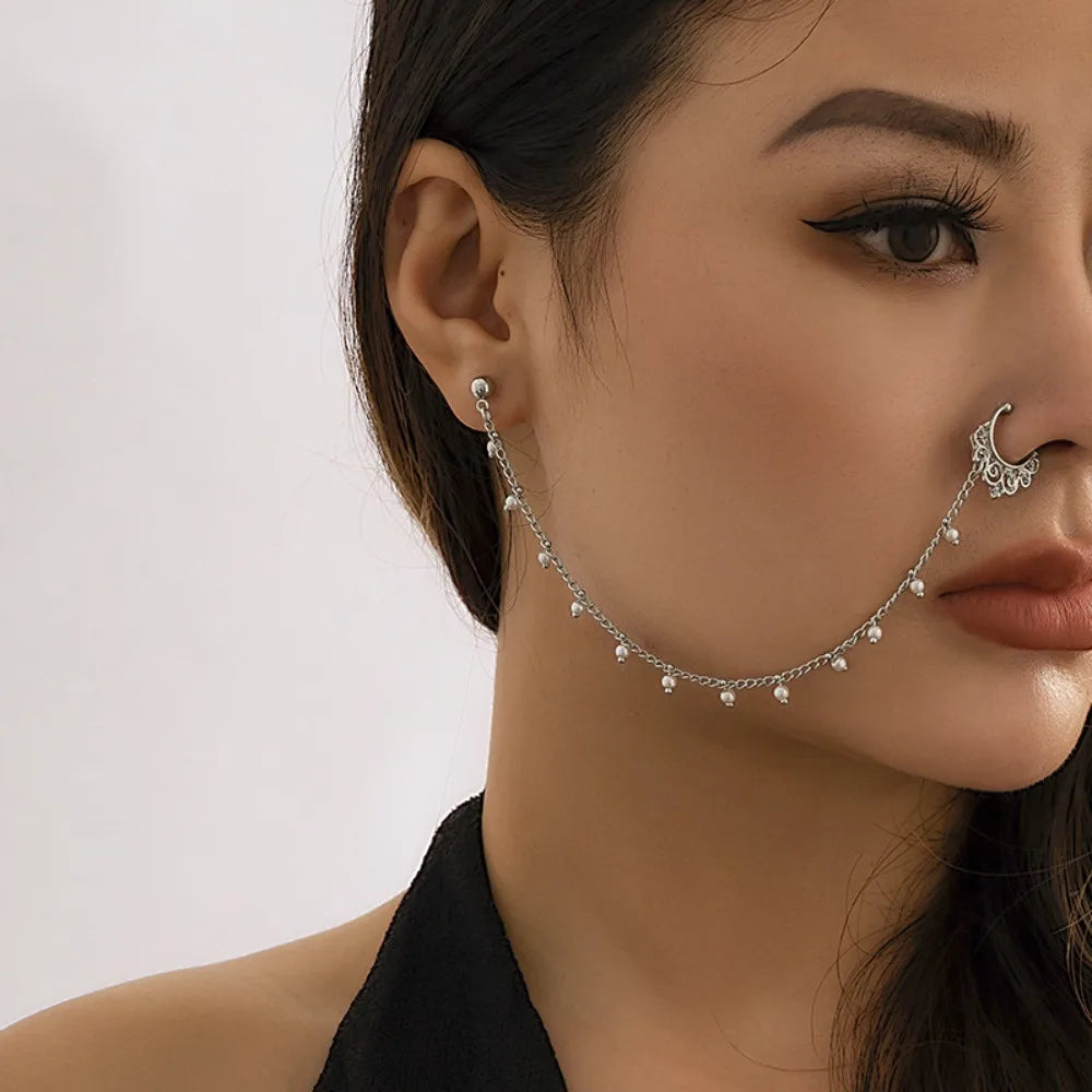 New Fashion Piercing Jewelry Women Temperament Earrings Sweet Personality Imitation Pearl Butterfly Tassel Chain Quake