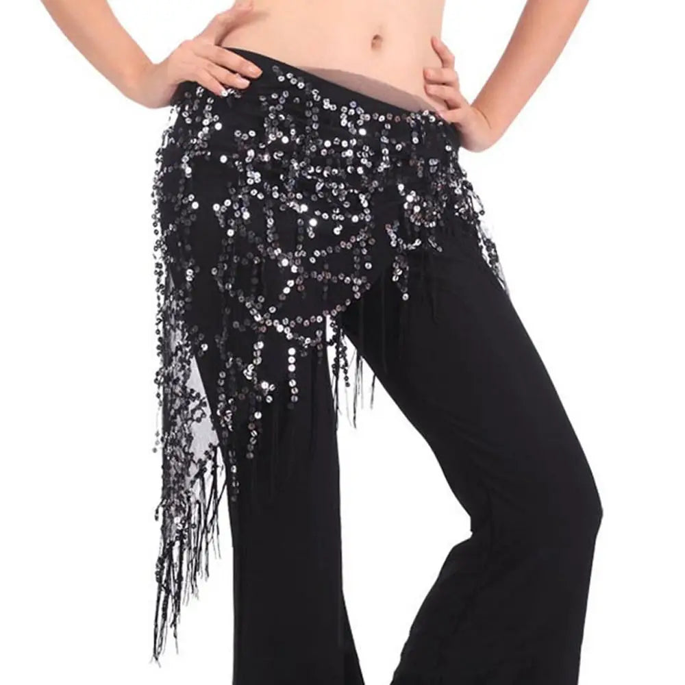 Women Show Costumes Tassels Dancer Skirt Hip Scarf Belly Dance Belt Waist Chain Quake Black silver