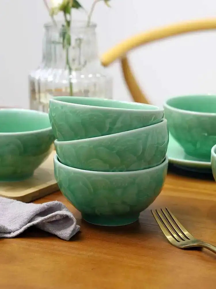 Longquan Celadon Engraved Bowl Ceramic Rice Bowl Chinese Rice Bowl Soup Bowl Quake