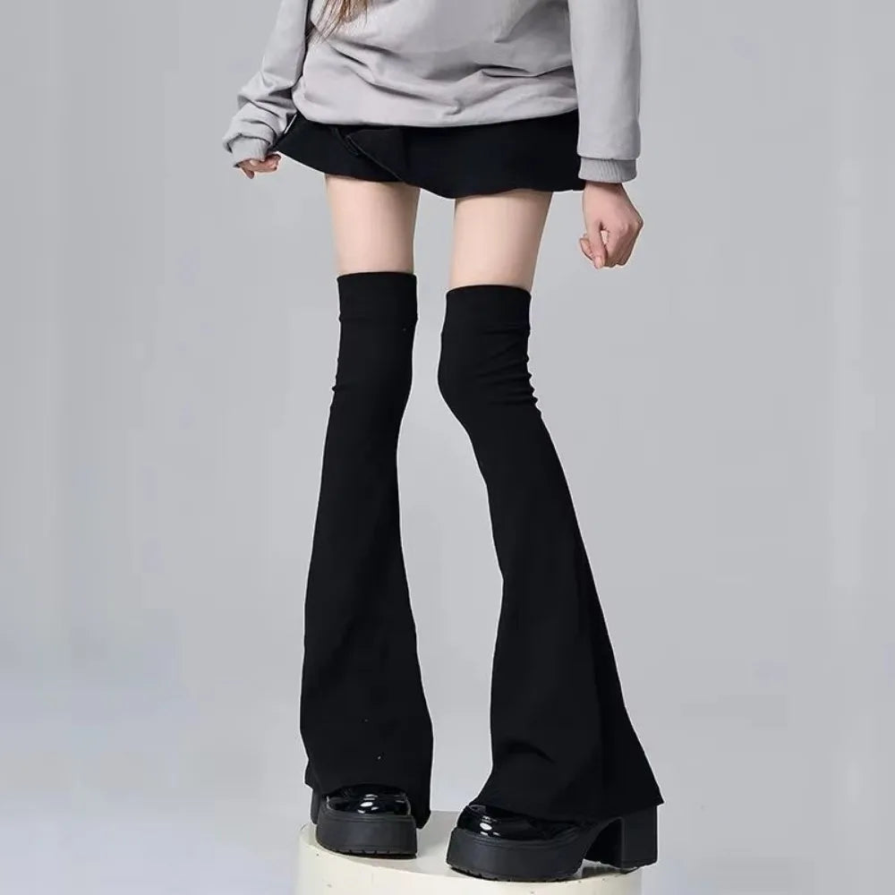 Fashion Y2K Leg Stockings Slimming Elasticity Knee Socks Horn Shaped Cuffs Over The Knee Autumn Winter Quake 35-39 Thin-Black