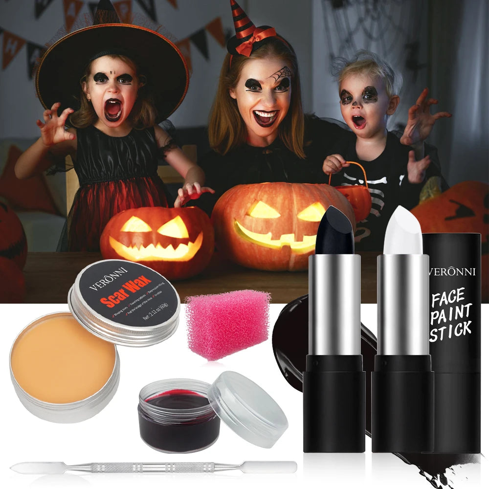 6Pcs SFX Makeup Kit Face Body Painting with Scar Wax, Fake Blood,Spatula, ponge,Halloween Artist Makeup Painting Kit Halloween M Quake