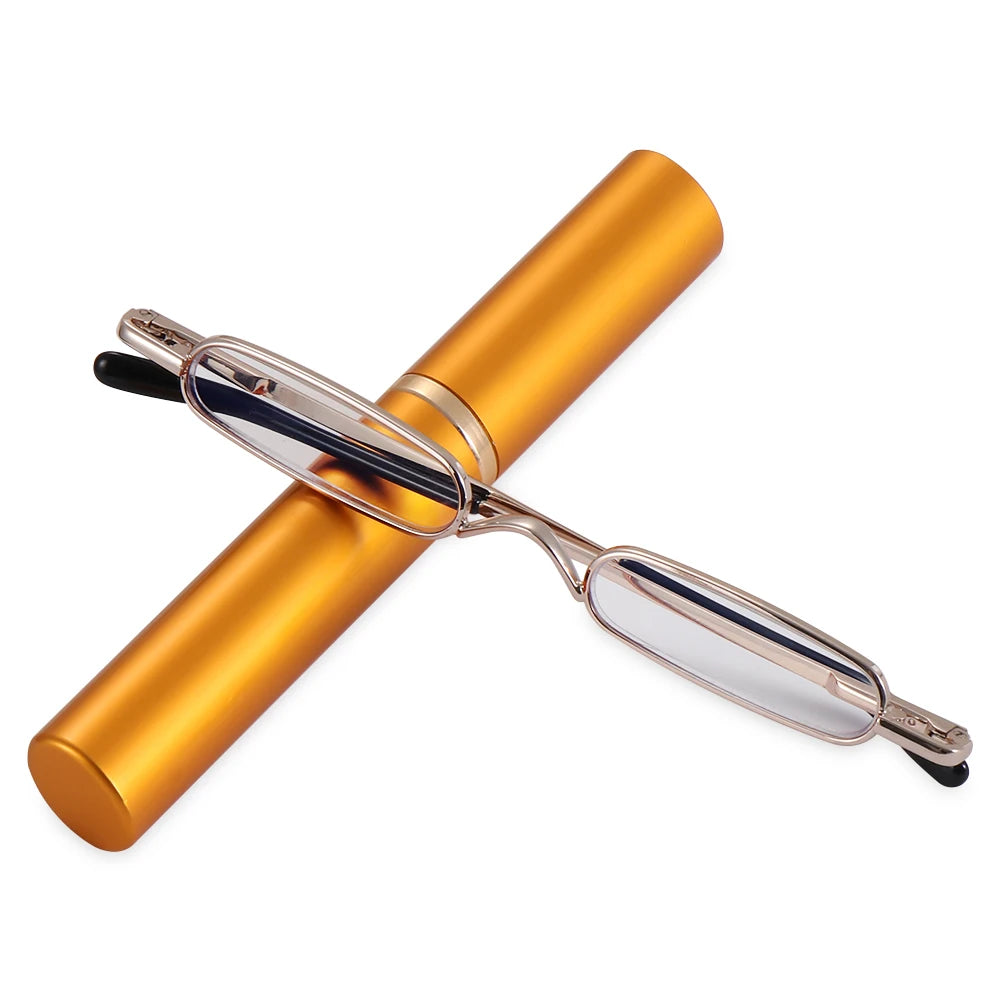 Compact Spring Hinged Men Women Eyeglasses Readers with Pen Clip Tube Case Slim Pen Reading Glasses Slim Reading Glasses Quake gold Strength 2.5x