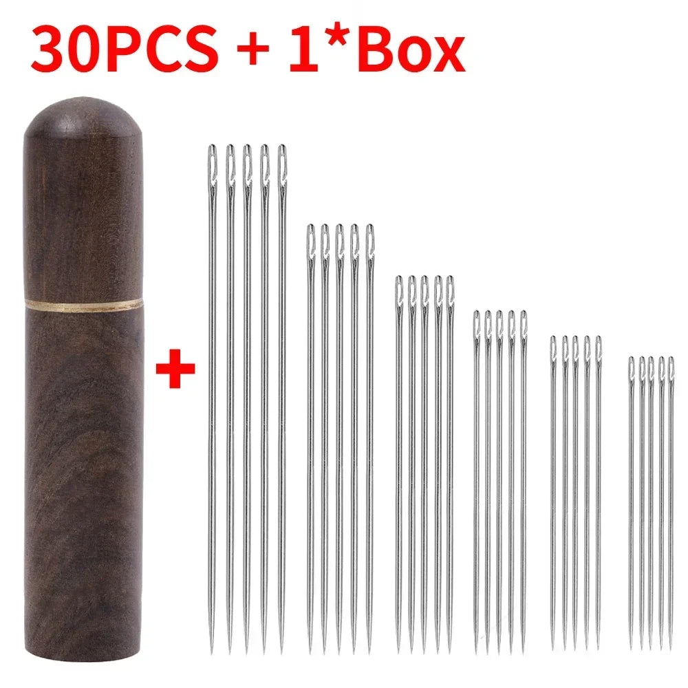 Side Hole Blind Sewing Needles Stainless Steel Elderly Needles Hand Sewing Stitching Pin DIY Home Self Threading Needle with Thi Quake 30PCS with Ebony Box