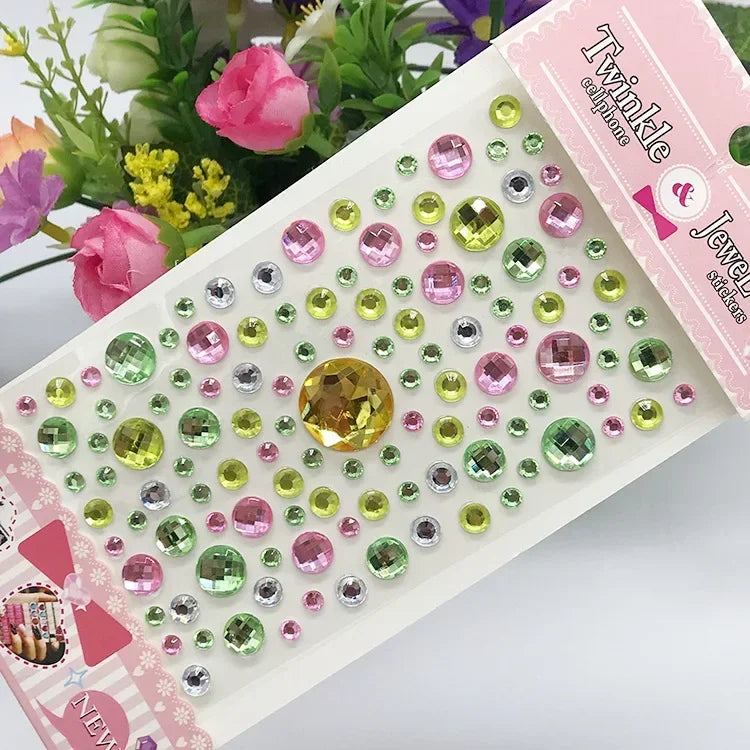 Rhinestone Crystal Face Stickers Diamond Face Makeup DIY Decoration Disposable Acrylic Tattoo Stickers Drill Phone Eyes Sticker Quake Round-green pink
