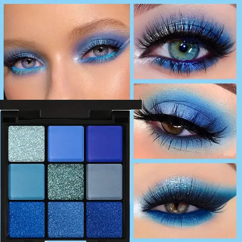 9 Color Eyeshadow Palette Blue Waterproof Sweatproof Blue Matte Pearl Glitter Finish Performance Stage Makeup Music Festival Quake