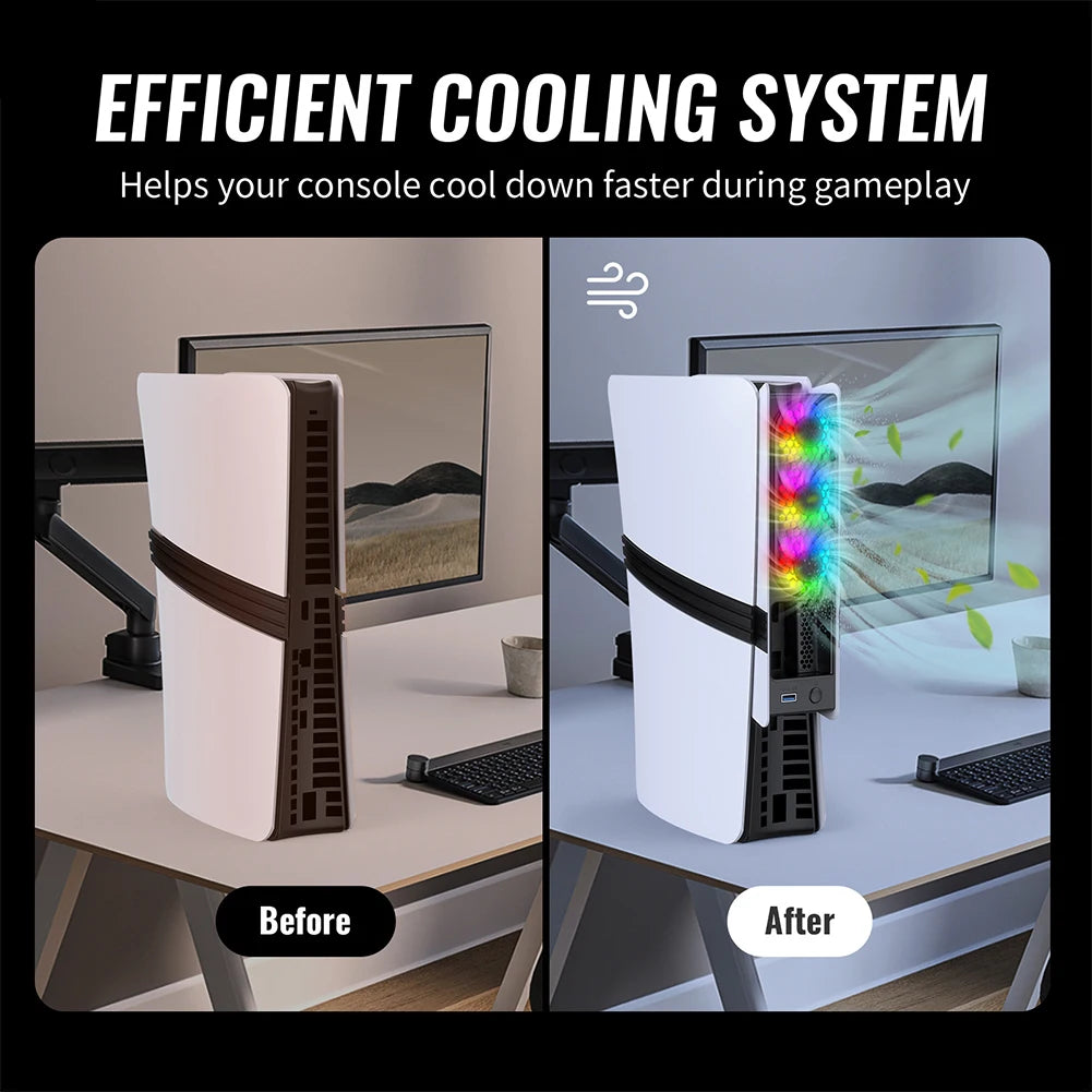 For PS5 Pro/PS5 Slim Cooling Fan External Fan Cooler with USB Port & RGB Light for Playstation 5 Pro/Slim Disc & Digital Edition Quake