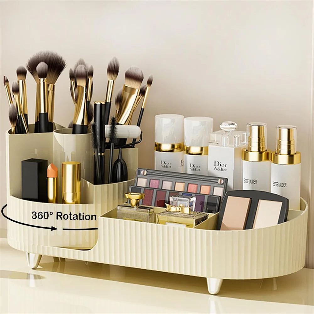 360° Rotating Makeup Organizer for Vanity with Brush Holder, Cosmetic Makeup Storage Organizer, Large Spinning Makeup Organizer Quake BE-ZH