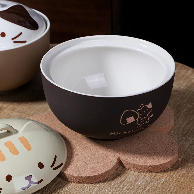 YWDL 550ml Cartoon Cat Ceramic Instant Noodle Bowl With Lid Underglaze Color Soup Salad Bowl Kitchen Office Student Lunch Box Quake