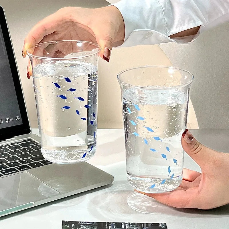 1pc Ins Style Printed Small Fish Glass Cup Flip Over Milk Juice Coffee Cup High Aesthetic Drinking Utensil Quake