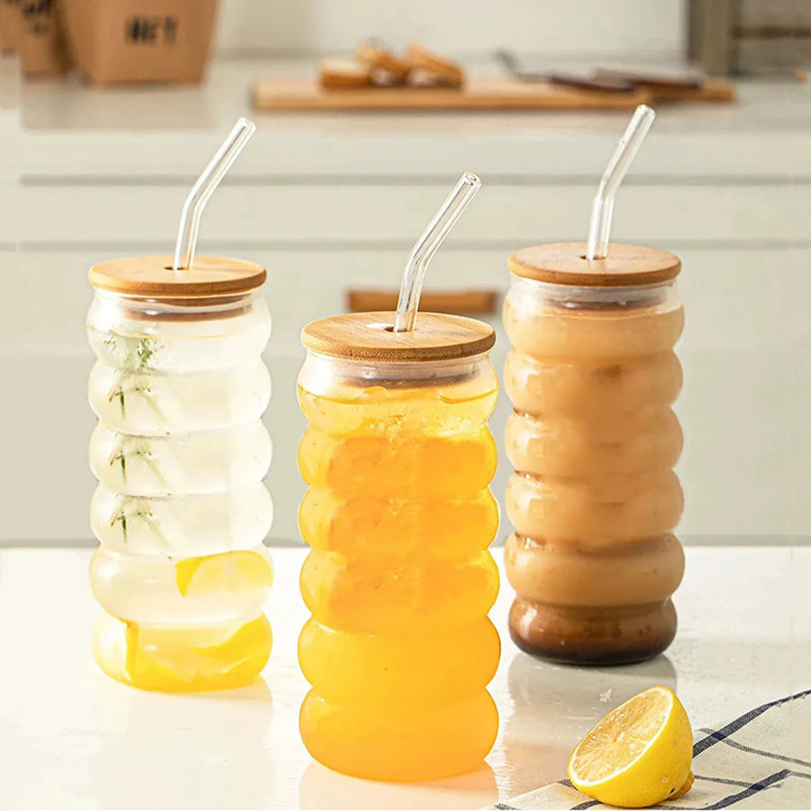 YWDL 350/480ml Heat-Resistant Wave Cup Set of 2 with Lid And Straw Beer Juice Ice Coffee Cocktail Fruit Glass Drinkware Quake