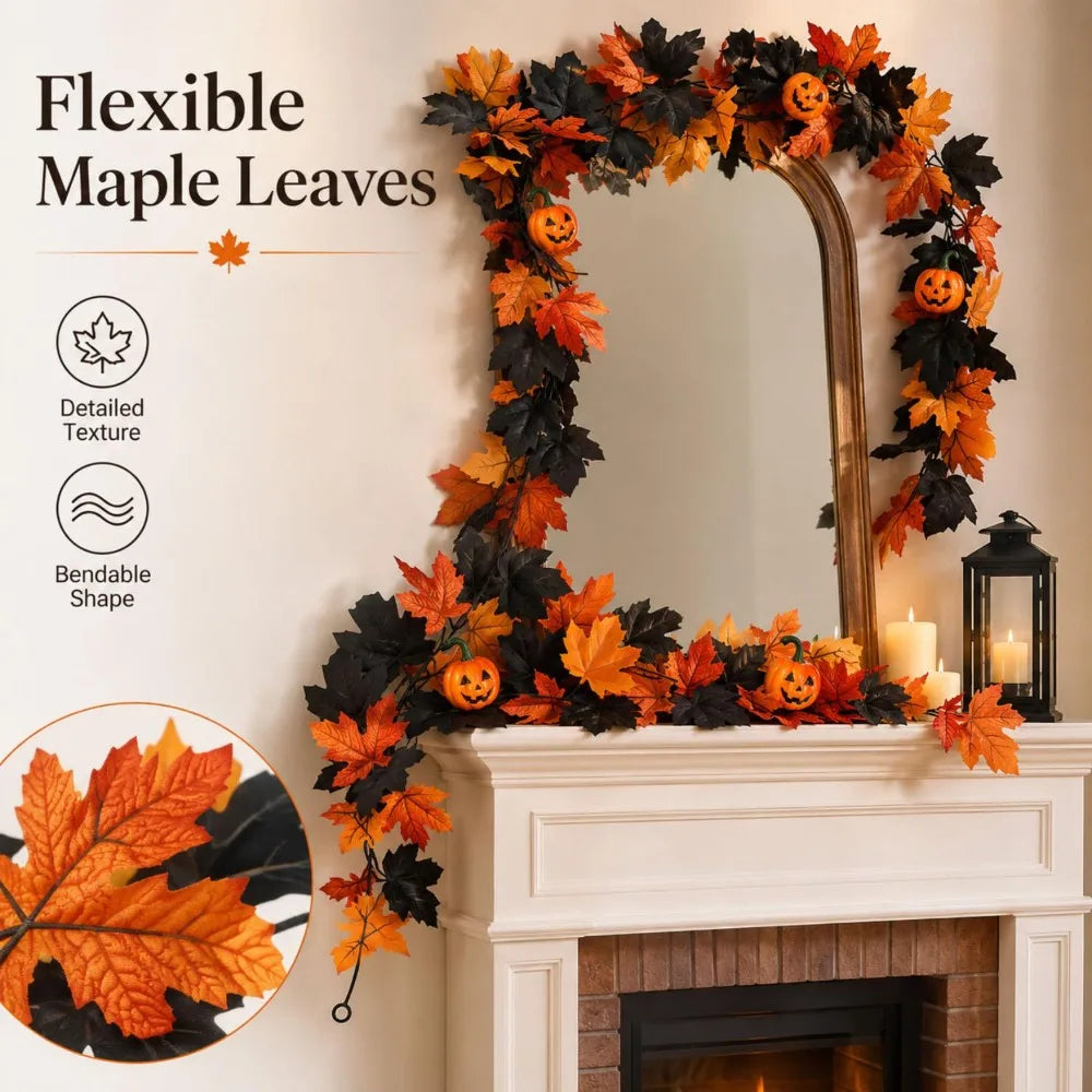 Artificial Maple Leaves Garland Autumn Vine with Fake Pumpkin Ornaments for Halloween Thanksgiving Fireplace Table Fall Decor Quake