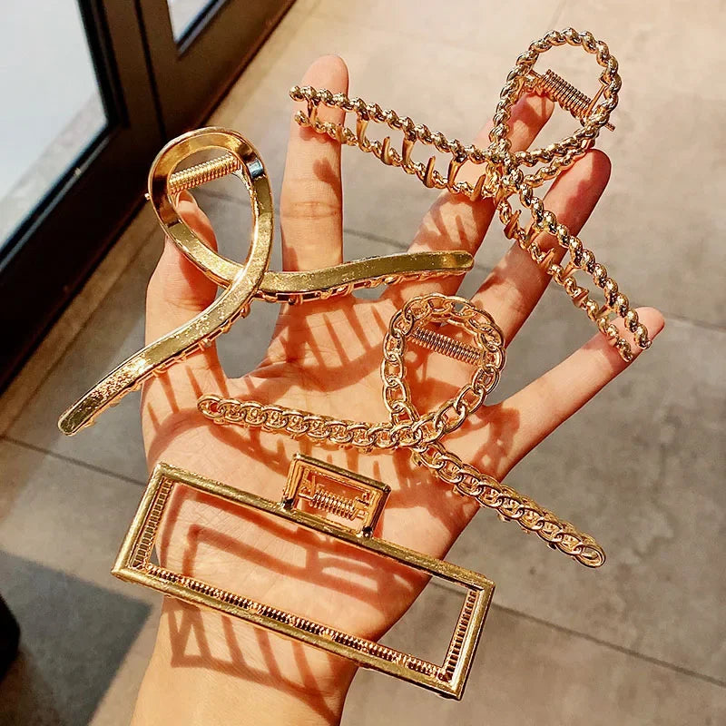 Women's Elegant Gold Metal Geometric Hair Clips Fashion Vintage Bathing Grip Claw Clips Barrette Hair Styling Tool Ponytail Clip Quake