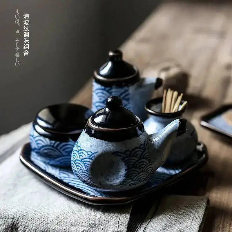 Blue Ceramics Seasoning Jar Olive Oil Bottle Sugar Household Kitchen Supplies Salt Shaker Kitchen Seasoning Tools Quake
