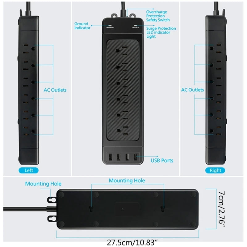 Long Cord Power Strips,1680Joule Protector 9.8ft Extension Cord with Multiple Outlets 18AC 4USB Ports Flat Plugs K1KF Quake