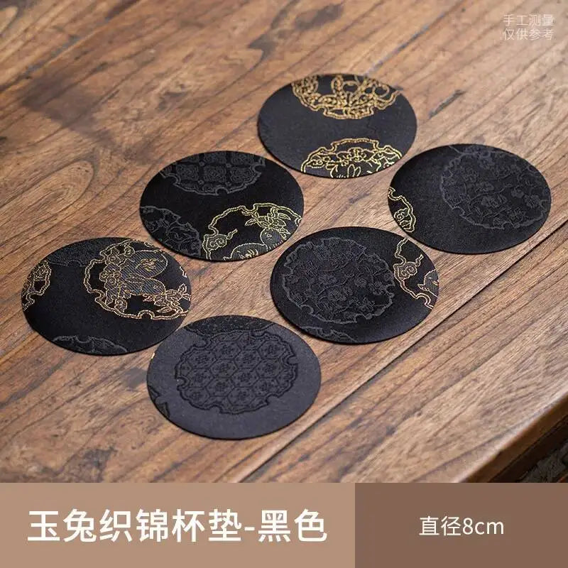 Chinese Tea Set Brocade Coaster Double-Sided Cup Mat Fabric Round Heat Insulation Mat Teapot Mat Diameter 8cm Traditional Quake Set of 6 - Black