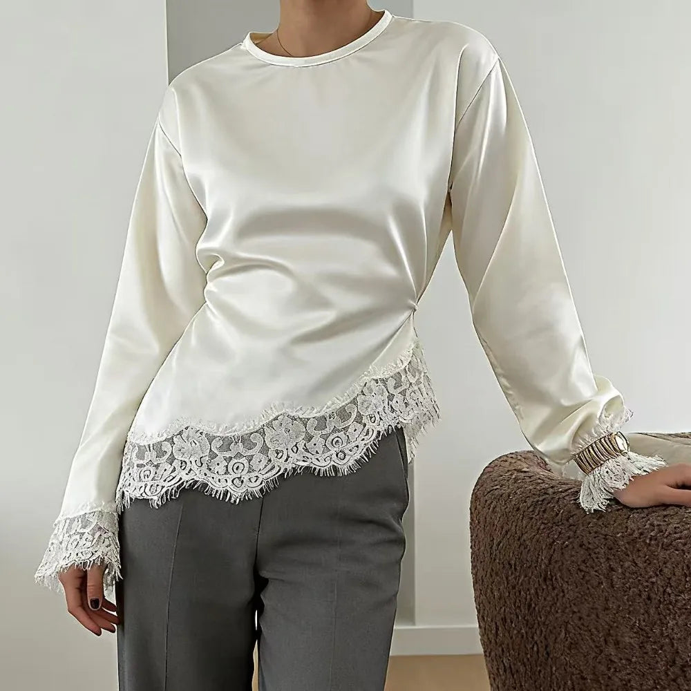 Fashion Belted Waist Lace Patchwork Top Asymmetrical Design Solid Color Lace-up Top Elegant Irregular Hemline Long Sleeves Women Quake White S