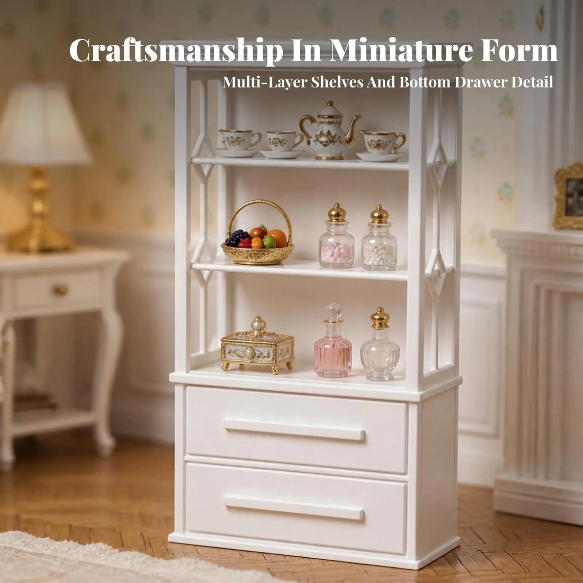 Mini Dollhouse Bookcase European Style White Cabinet with Drawers for Tiny Room Displays and Collectors Quake