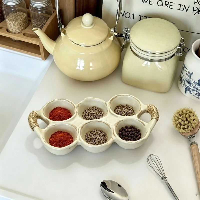 Vintage Ceramic Egg Storage Tray 6‑Grid Egg Holder with Rope Handle Refrigerator Kitchen Egg Container for Home Organization Quake