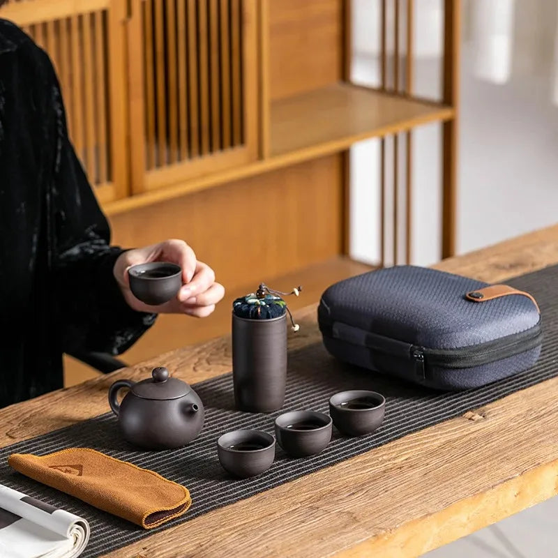 One Pot of Purple Clay Four Cups Outdoor Portable Tea Set Travel Tea Set Gift for Friends Quake