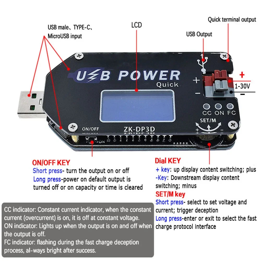 ZK-DP3D CNC USB TYPE-C DC Converter CC CV 1-30V 2A 15W Power Module Adjustable Regulated Power Supply QC2.0 3.0 AFC Quake
