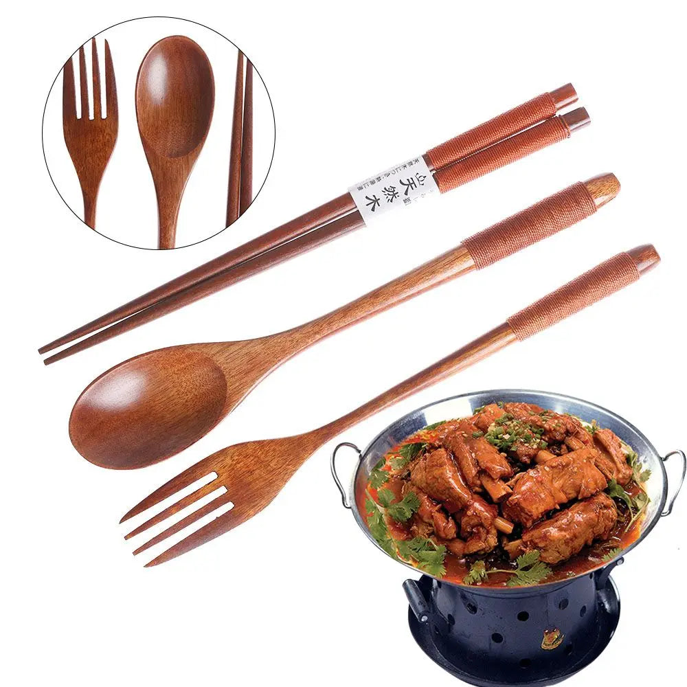 Japanese Style Portable Cutlery Set Spoon Fork Chopsticks Natural Wooden Cloth Bag Quake
