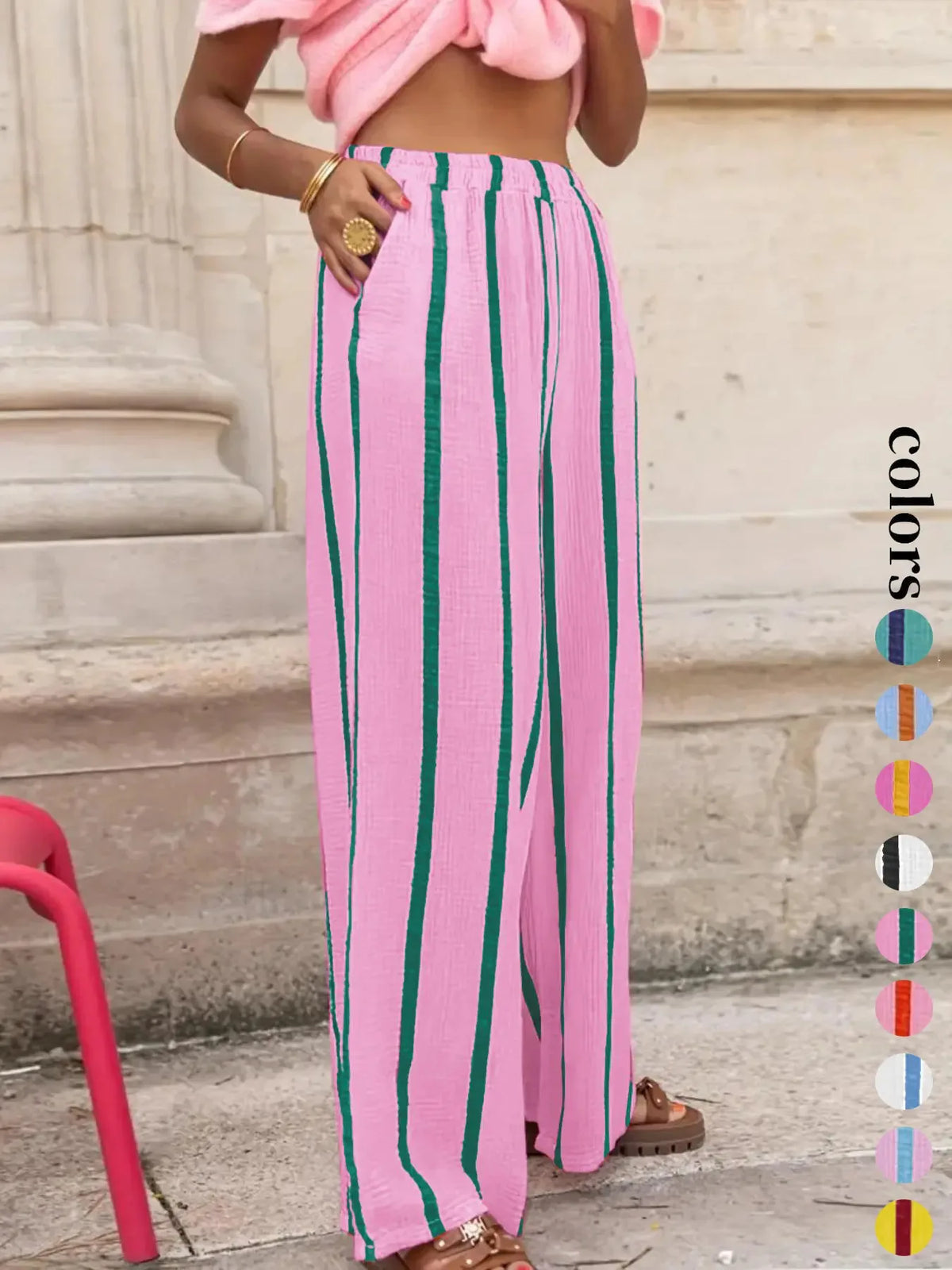 Women's Vertical Stripe Wide-leg Pants, Elastic Waist Pleated Casual Trousers, Resort Style Loose Slimming Floor-length Quake 8 L