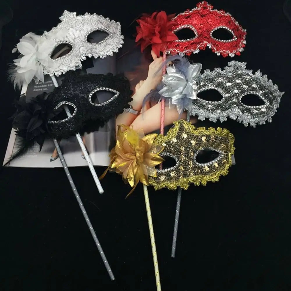 Stick Side Feather Flower Handheld Masquerade Masks Festival Costume Party With Holding Stick Translucent Half Face Mask Feather Quake