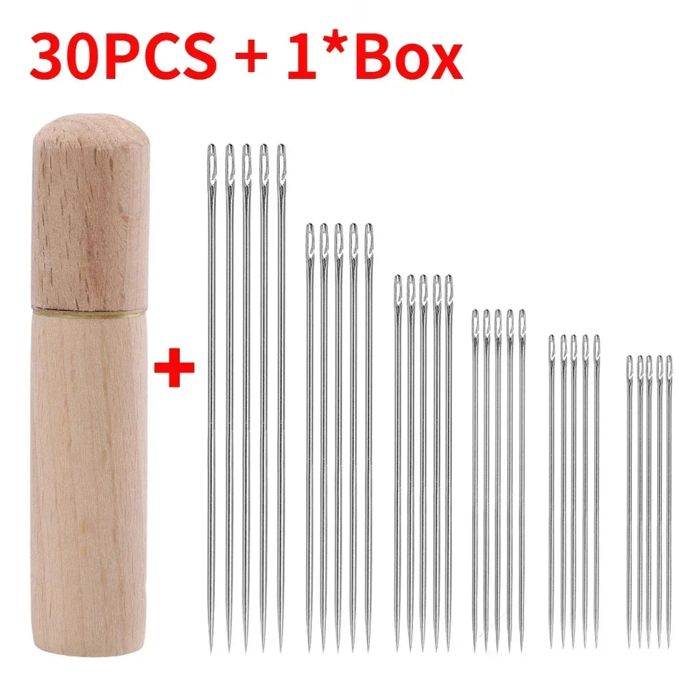 Side Hole Blind Sewing Needles Stainless Steel Elderly Needles Hand Sewing Stitching Pin DIY Home Self Threading Needle with Thi Quake 30PCS with Log Box