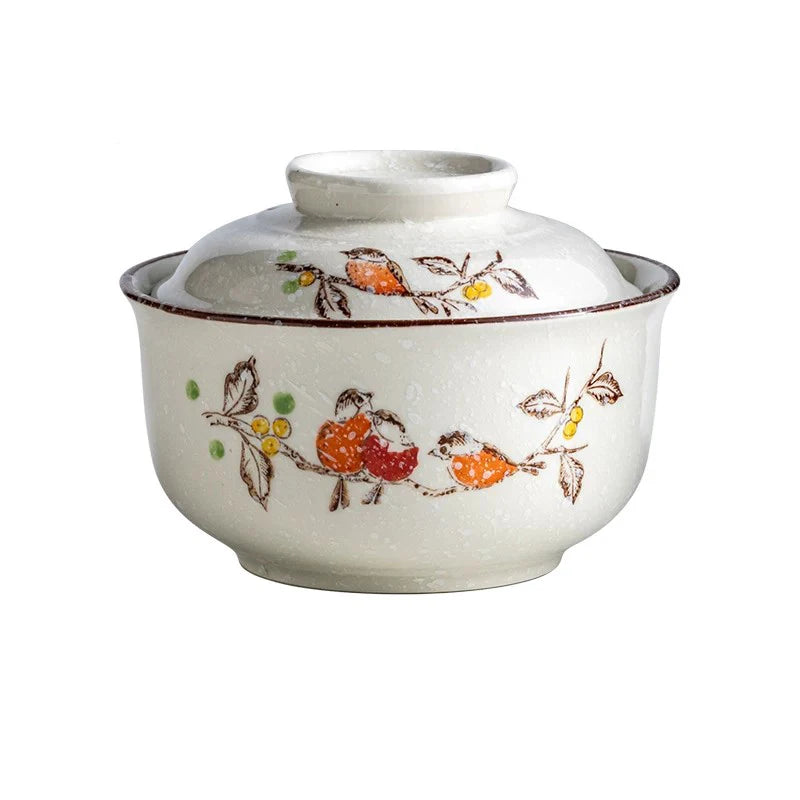 YWDL 750ml Japanese Style Ceramic Bowl With Lid Vintage Soup Bowl Microwave Safe Ramen Rice Serving Bowl For Home Kitchen Quake flowers and birds