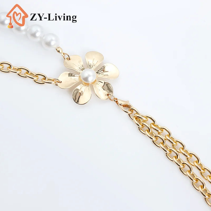 Ladies Fashion Metal Pearl Flowers Waist Chain Women Thin Body Dress Pants Decoration Belts For Girls Luxury Waist Chain Quake