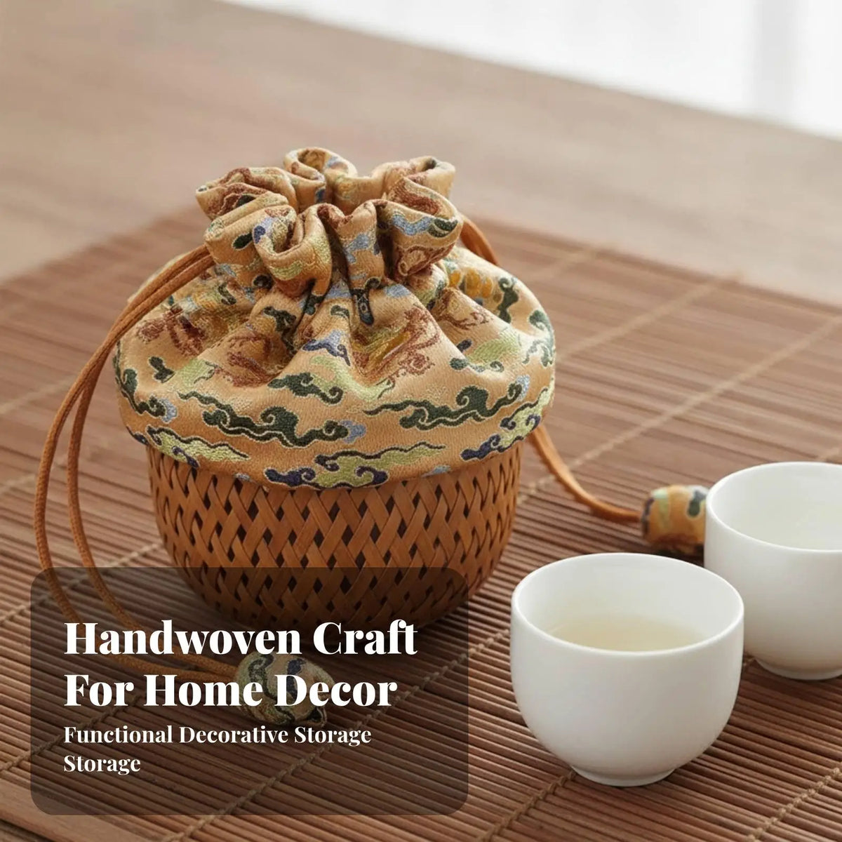 Portable Bamboo Tea Cup Pouch Handwoven Storage Bag Drawstring Cloth Design for Home Travel and Collectible Care Quake