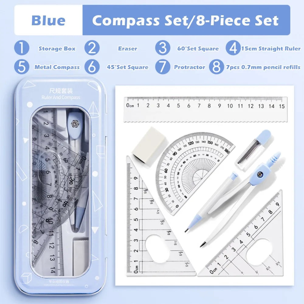 8PCS/Set High Quality Plastic Ruler Compasses Set Eraser Transparent Protractor Set Square Straight Ruler Drawing Tool Students Quake Blue 8PCS A