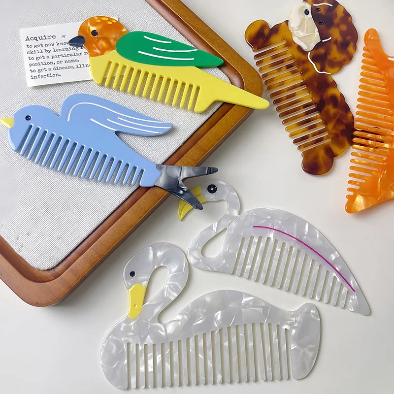 Acetic Acid Wide Tooth Comb Cute Cartoon Animal Detangling Hair Brush Dog Swan Pattern Small Pocket Comb Salon Hair Accessories Quake