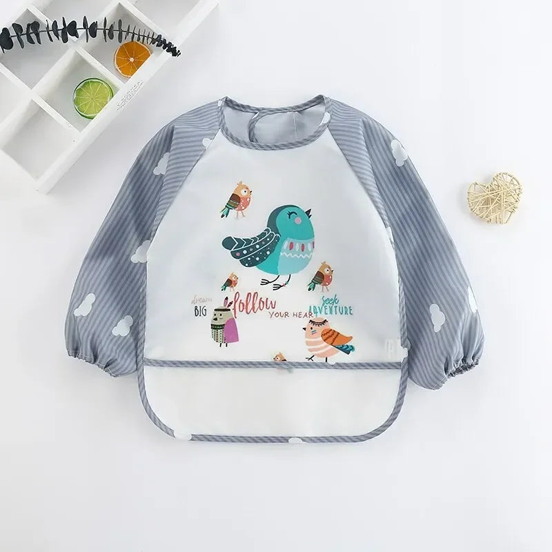 1Pcs Toddler Baby Cartoon Long Sleeve Art Apron Waterproof Eating Smock Infant Animal Smock Soft Baby Bib Burp Clothes Quake B31 Colorful Birds 0-3Years old