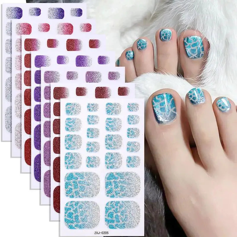 Toe Nail Stickers Full Nail Wraps Gradient Glitter Toenail Polish Strips for Women Shiny Self Adhesive Polish Gel Toenail Decals Quake